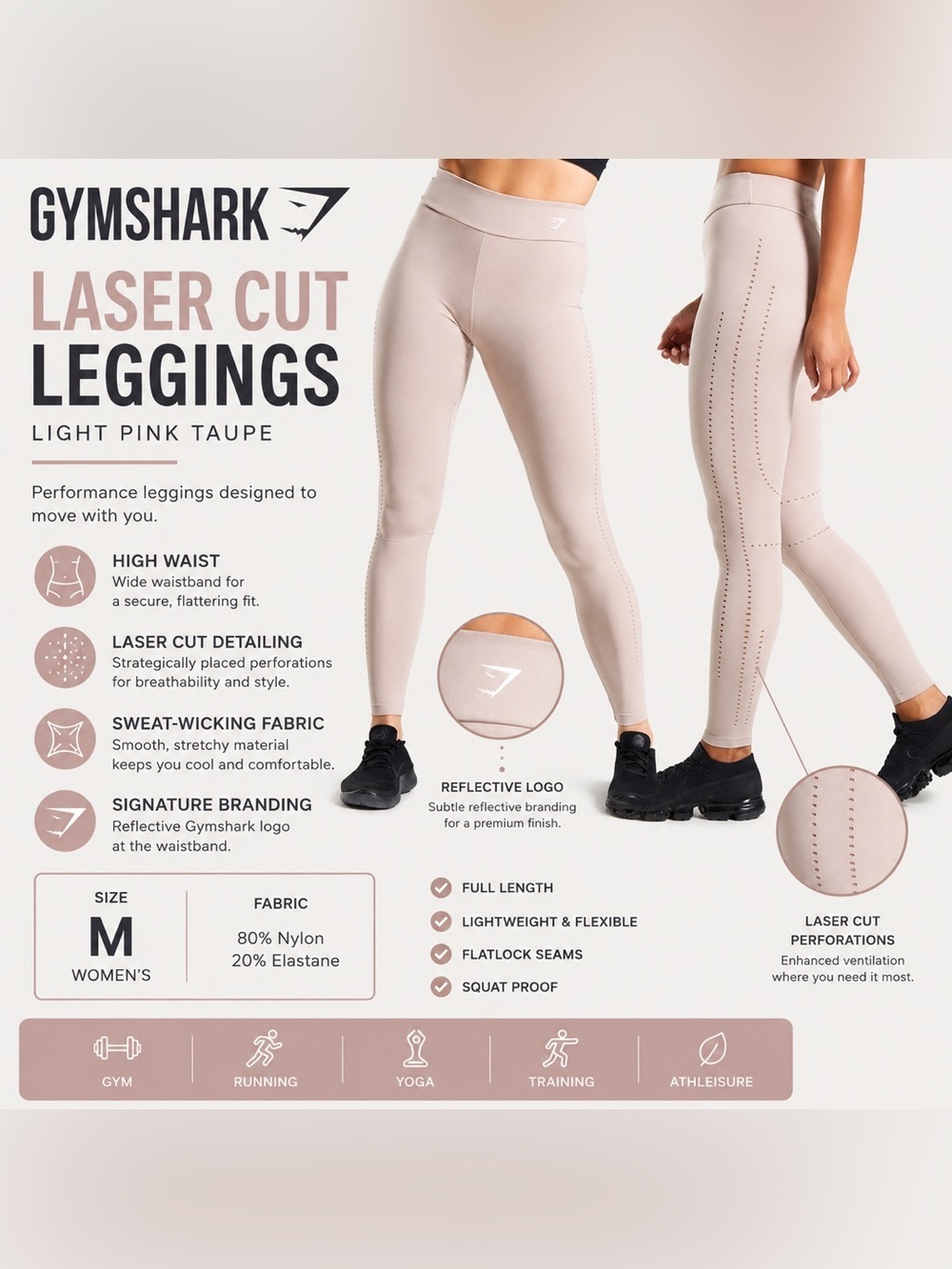 Gymshark Women’s M Laser Cut High Waist Leggings Light Pink Taupe